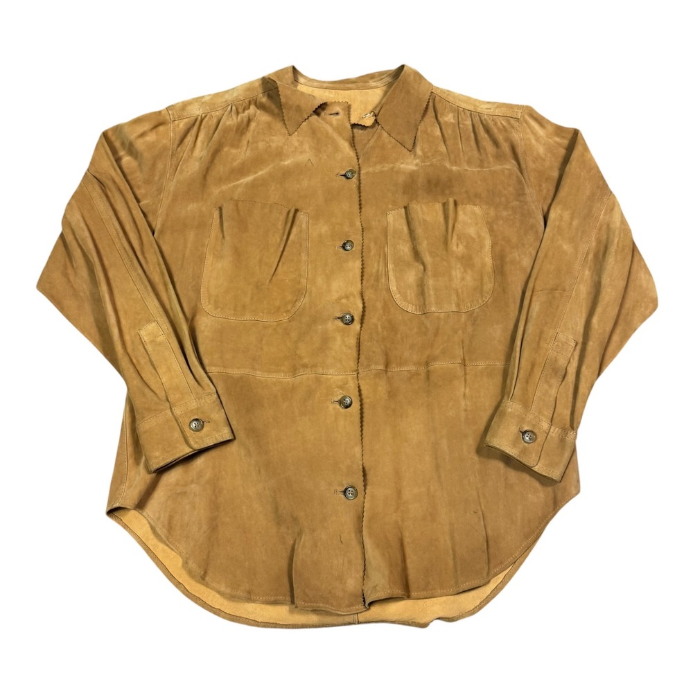 Giorgio Armani Tan Button Up Suede Leather Long Sleeve Shirt Women's L FLAWS